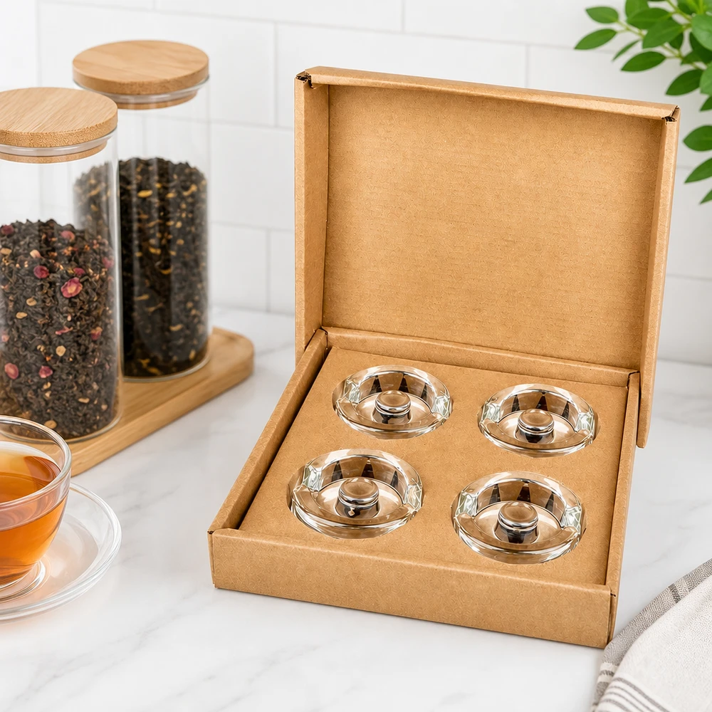 Fermentatieglasgewichten met verzonken greep, set van 4 UNiTWIST fermentatie pot gewichten set van 4 in kartonnen doos naast glazen theepotten en kruidenpotten met houten deksels