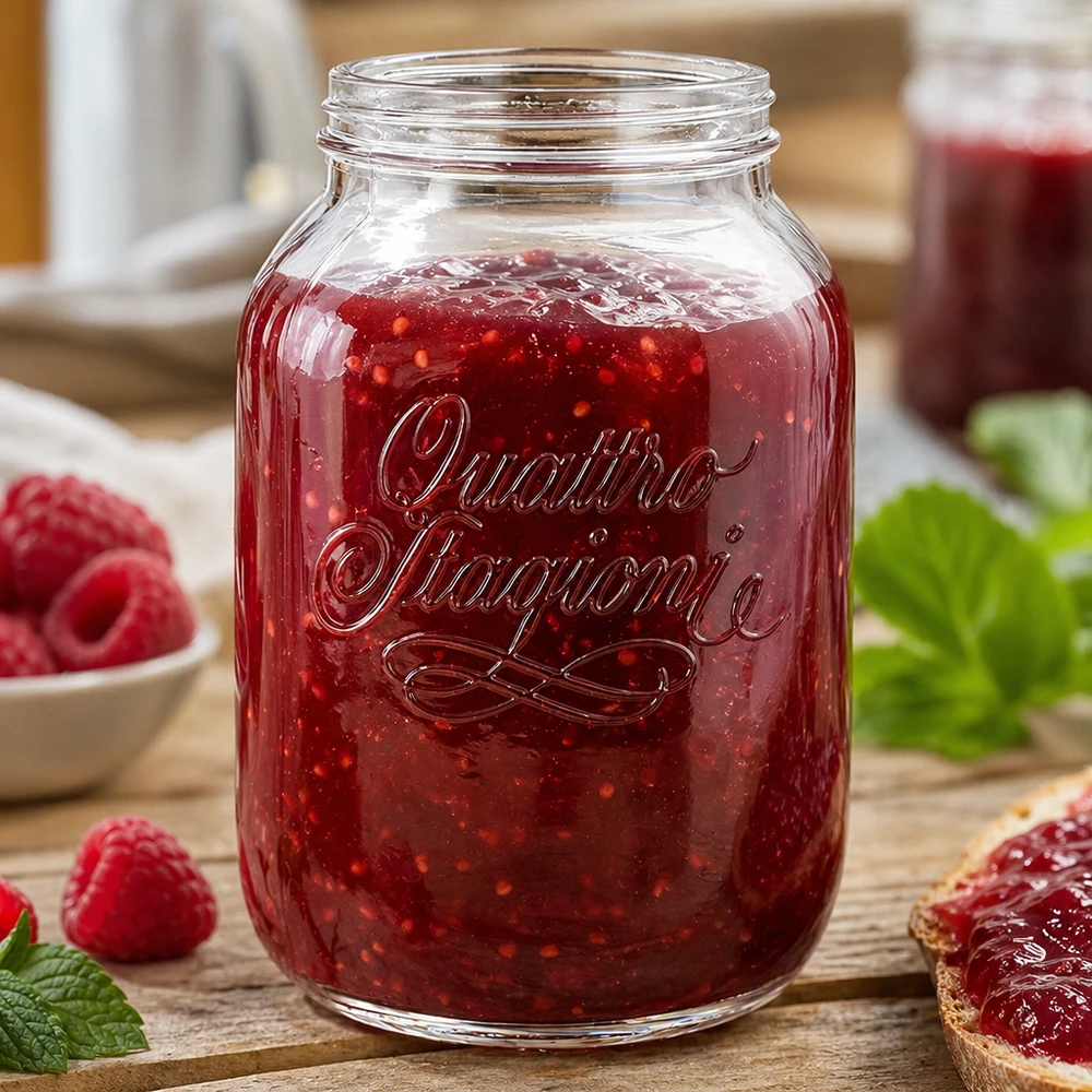 3000ml Quattro Stagioni huishoudpot gevuld met rode jam naast verse aardbeien op houten tafel