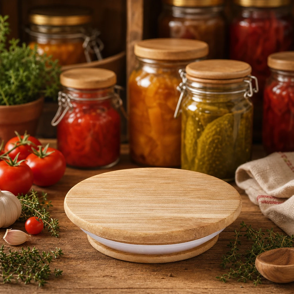 Houten deksel WECK RR80 Houten deksel WECK RR80 in rustieke keuken met inmaakpotten tomaten komkommers en verse kruiden lifestyle tafereel