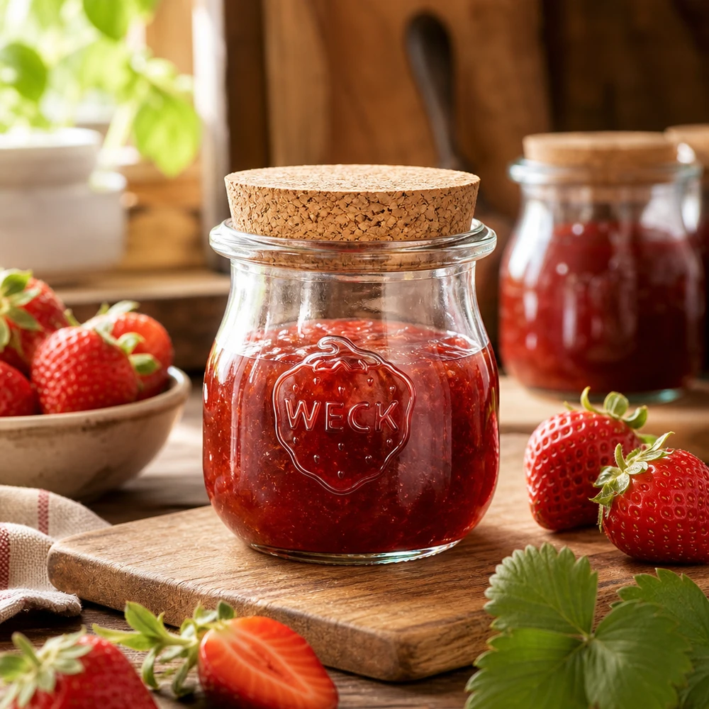 75ml tulpenglas WECK RR40 met kurk WECK tulpenpot 75ml met kurk gevuld met aardbeienjam op houten plank omringd door verse aardbeien Keukenscène