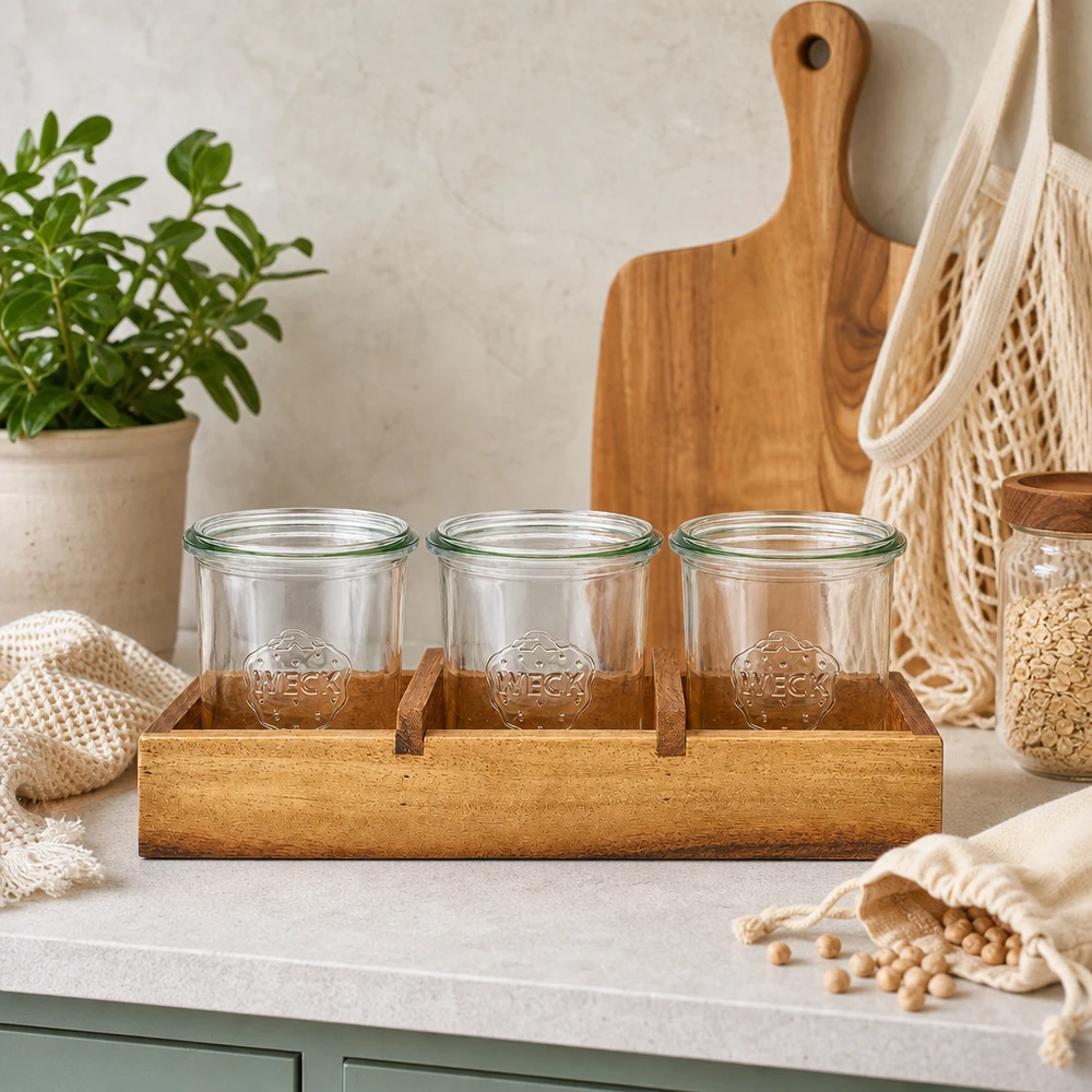 Serveerplank Box3 acaciahout drie lege WECK potten keukenscène met plant snijplank voorraadpotten naturel