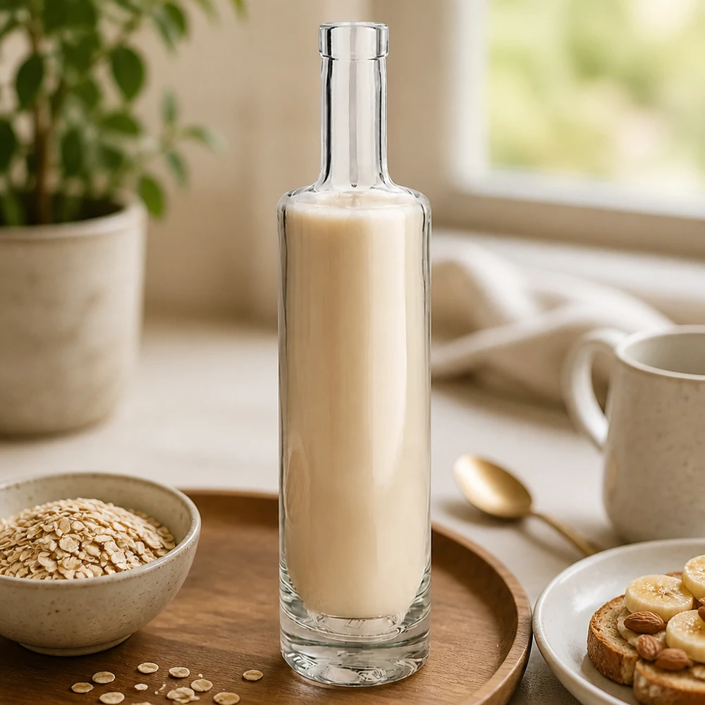 500 ml glazen fles Lina zonder sluiting UNiTWIST® 500ml glazen fles van Lina gevuld met havermelk in een stijlvolle keukensetting met havervlokken en ontbijtfoto 3