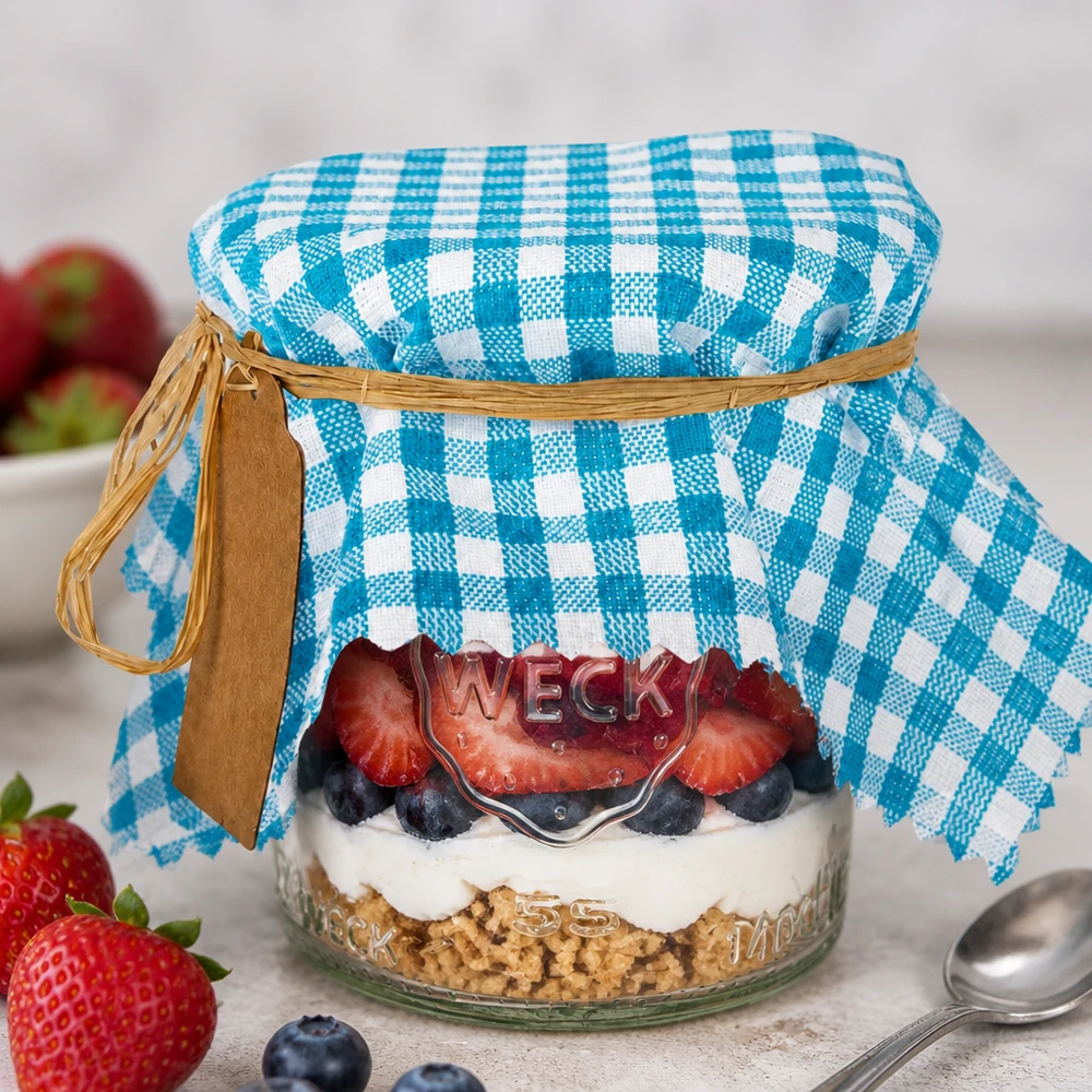 Stoffen lapje voor deksel turquoise geruit 15cm hoekig Türkis-kariertes Stoff Schmuckdeckchen auf Dessertglas mit Beeren-Schichtdessert und Raffiabast-Verschluss dekoriert