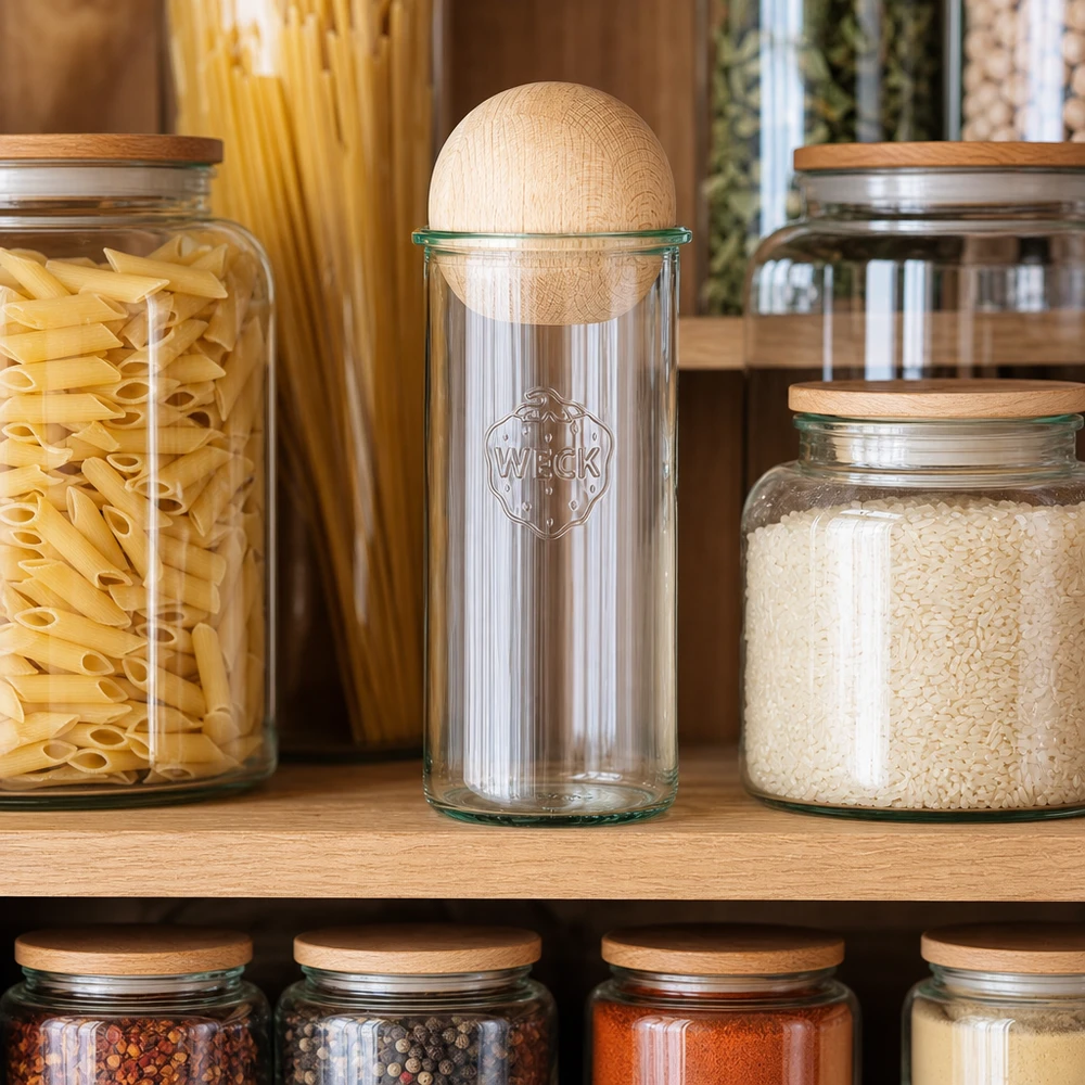 1500ml stortglas WECK RR100 met houten bal WECK RR100 bekers 1500ml in voorraadkast naast pasta en rijst, beukenhouten bol deksel zichtbaar
