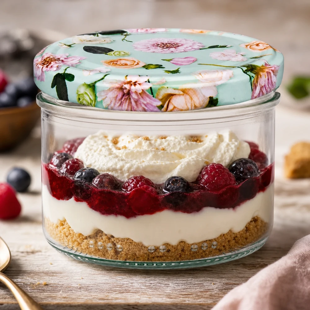Cilindrische pot 230 ml + deksel BasicSeal in de vorm van een muntbloem 230ml Zylinderglas mit BasicSeal Deckel Blume mint für Desserts - Schichtdessert mit Beeren und Sahne im Vorratsglas