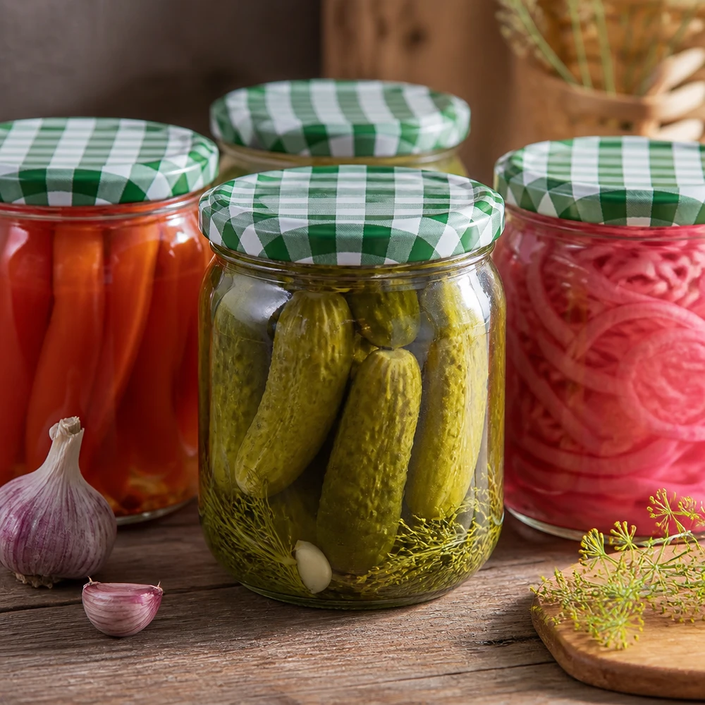 425 ml inmaakpotten met groene en witte deksels gevuld met ingemaakte augurken en groenten op een houten plank