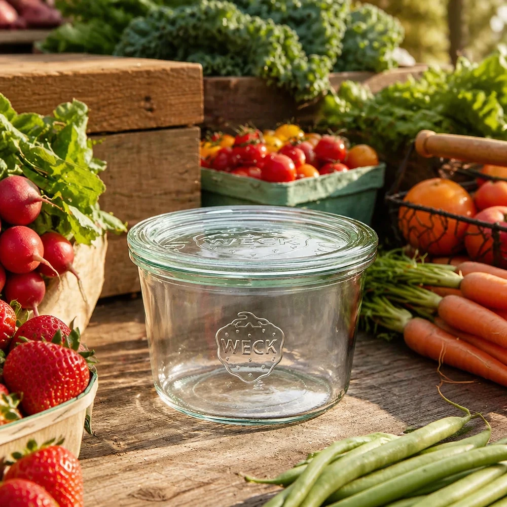 WECK bekers 370ml RR100 omringd door vers fruit en groenten op een houten tafel als lifestyle shot