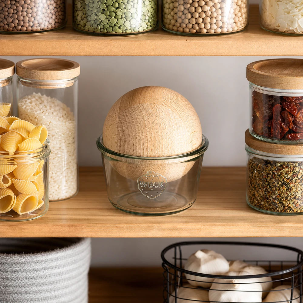 370ml stortglas WECK RR100 met houten bal WECK pot 370ml RR100 voorraad voorraadpotten voorraad organisatie beukenhout bol deksel keukenkast
