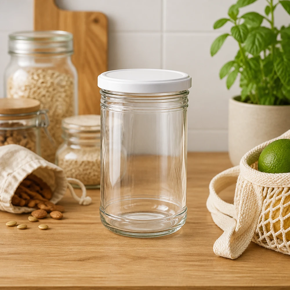 1053ml beker met BasicSeal deksel zilver UNiTWIST 1053ml lege bekers op houten werkblad in moderne keuken met boodschappentas van gaas en basilicumplant Lifestyle
