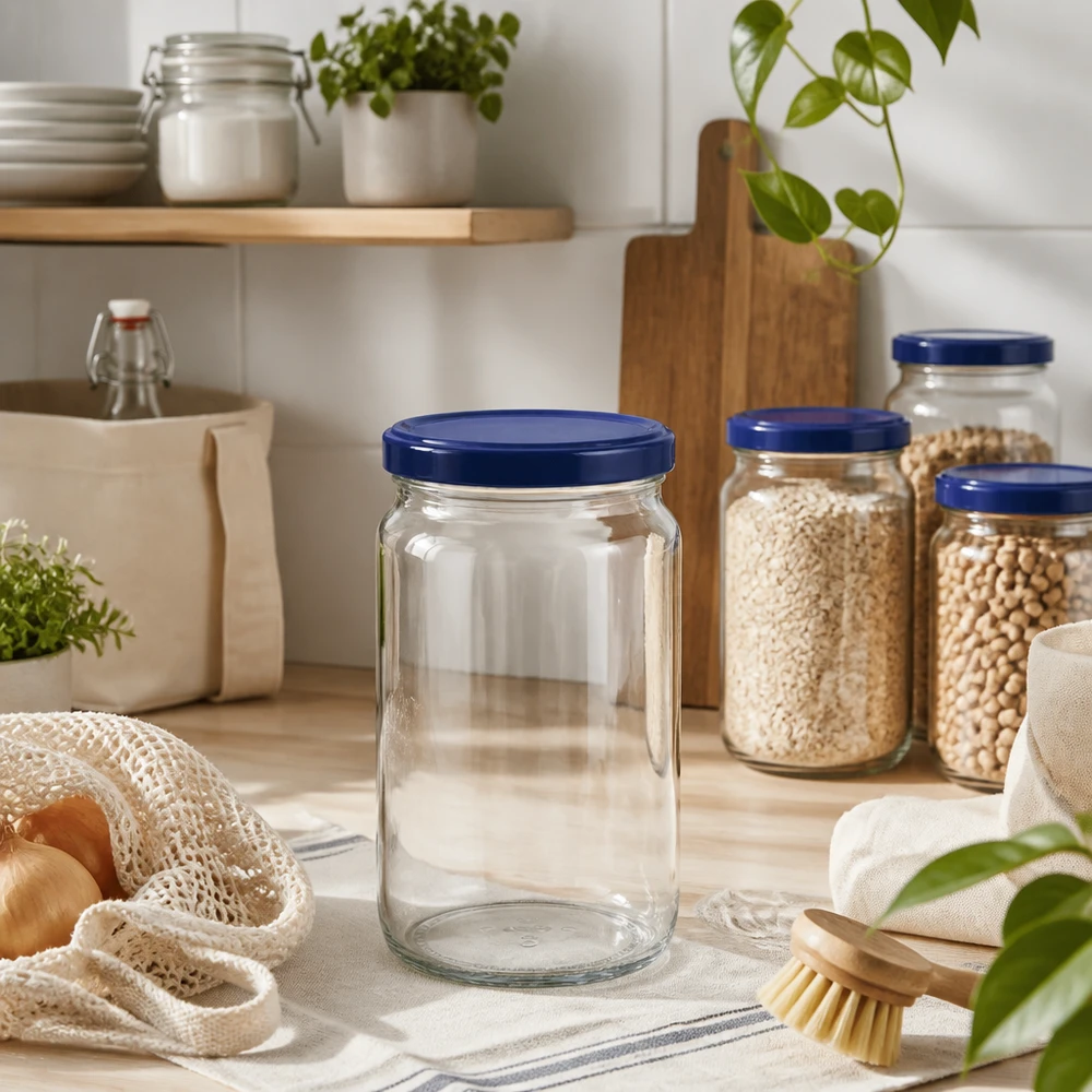 795ml rond glas met BasicSeal deksel blauw UNiTWIST Lege ronde pot van 795 ml met blauw UNiTWIST deksel in duurzame keuken met voorraadpotten en houten elementen
