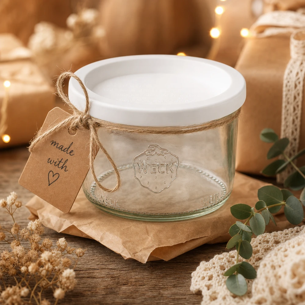 WECK bekers 200ml RR80 als cadeau versierd met jute koord en Made with Love tag op een houten tafel