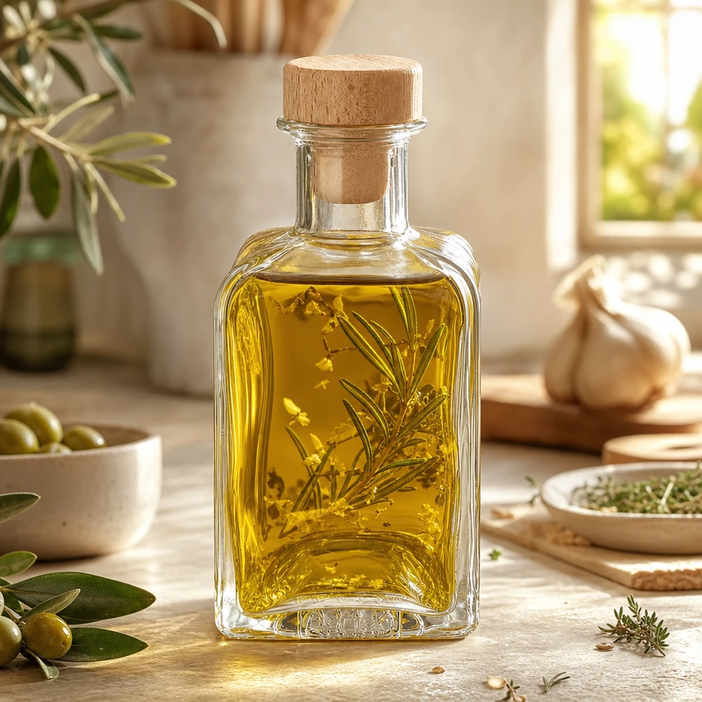 200ml glazen fles Clara gevuld met kruidenolie rozemarijntakje houten kurk keuken decoratie mediterrane kruiden oliën