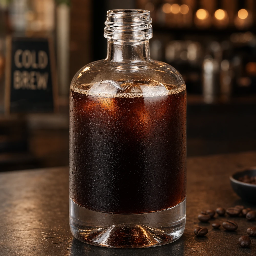 40 ml glazen fles Sara zonder schroefdop UNiTWIST® 40ml glazen fles Sara gevuld met cold brew koffie omringd door koffiebonen in een café sfeer zonder dop