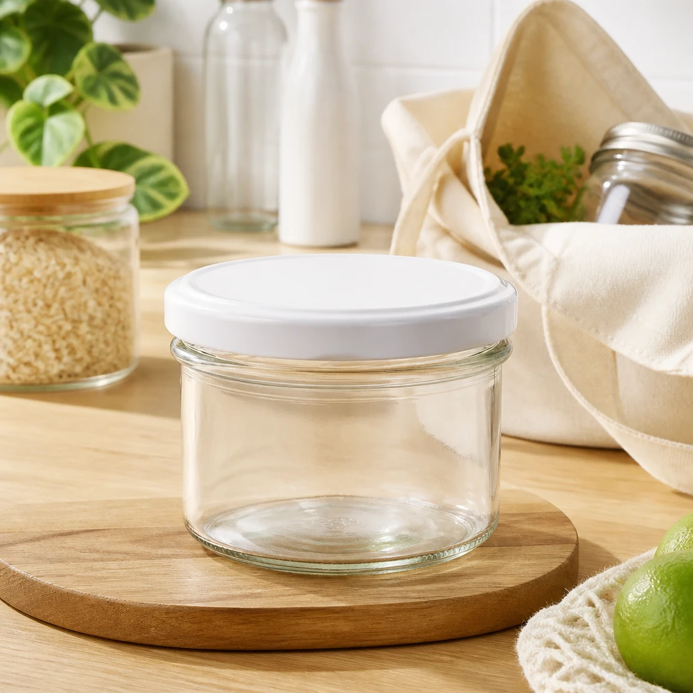 225ml bekers met BasicSeal deksel wit UNiTWIST 225ml Sturzglas mit weißem Deckel auf Holztablett in natürlicher Küchenumgebung mit Vorratsgläsern und Pflanzen