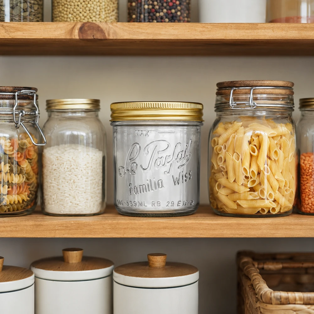 Le Parfait® Familia Wiss 500 g Ø100 mm pot Familia Wiss 539ml bekers met gouden deksel in georganiseerde voorraadkast tussen pasta- en rijstpotten