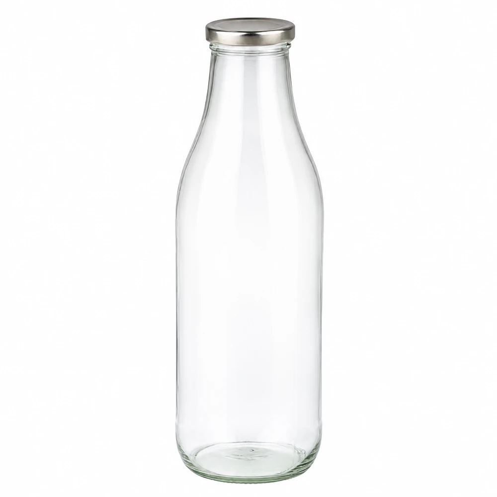 1000ml fles met BasicSeal deksel zilver UNiTWIST 1000ml glazen fles met zilveren BasicSeal deksel leeg en transparant voor drinken en bewaren