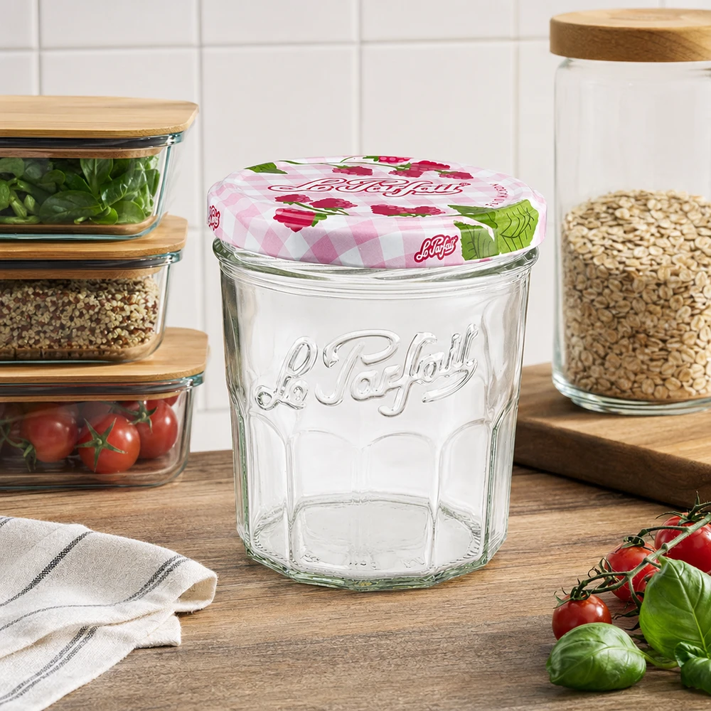 Le Parfait® Jam 324 ml Ø82 mm confituurpot 324ml Le Parfait bekers leeg op houten plank in moderne keuken met voorraadpotten en verse tomaten