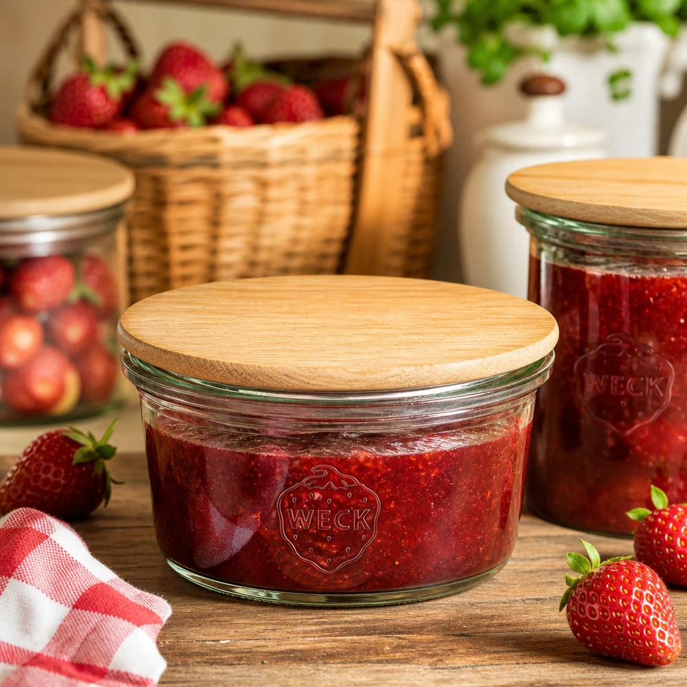 WECK mini mason jar 50ml gevuld met aardbeienjam en bamboe deksel in rustieke keuken met verse aardbeien