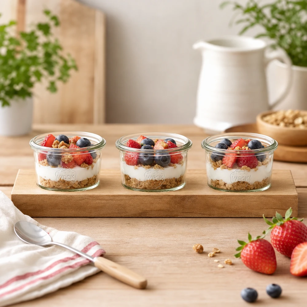 Houten serveerplank Plano3 met Weck tumblers 80ml als yoghurt parfait met bessen en granola in een lichte keuken