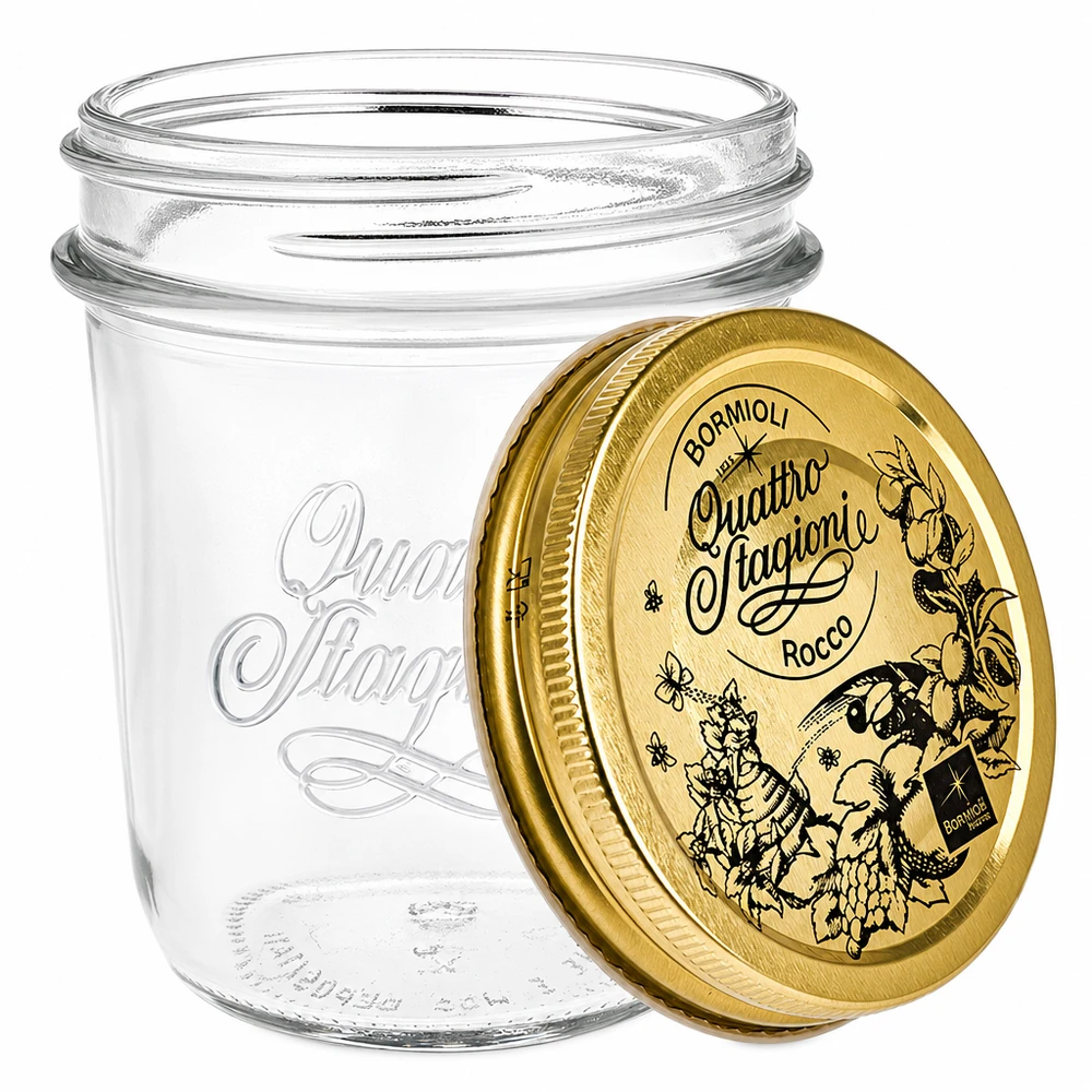 Bormioli Rocco Quattro Stagioni inmaakpot 320ml geopend met afneembaar gouden deksel en kruidenmotief