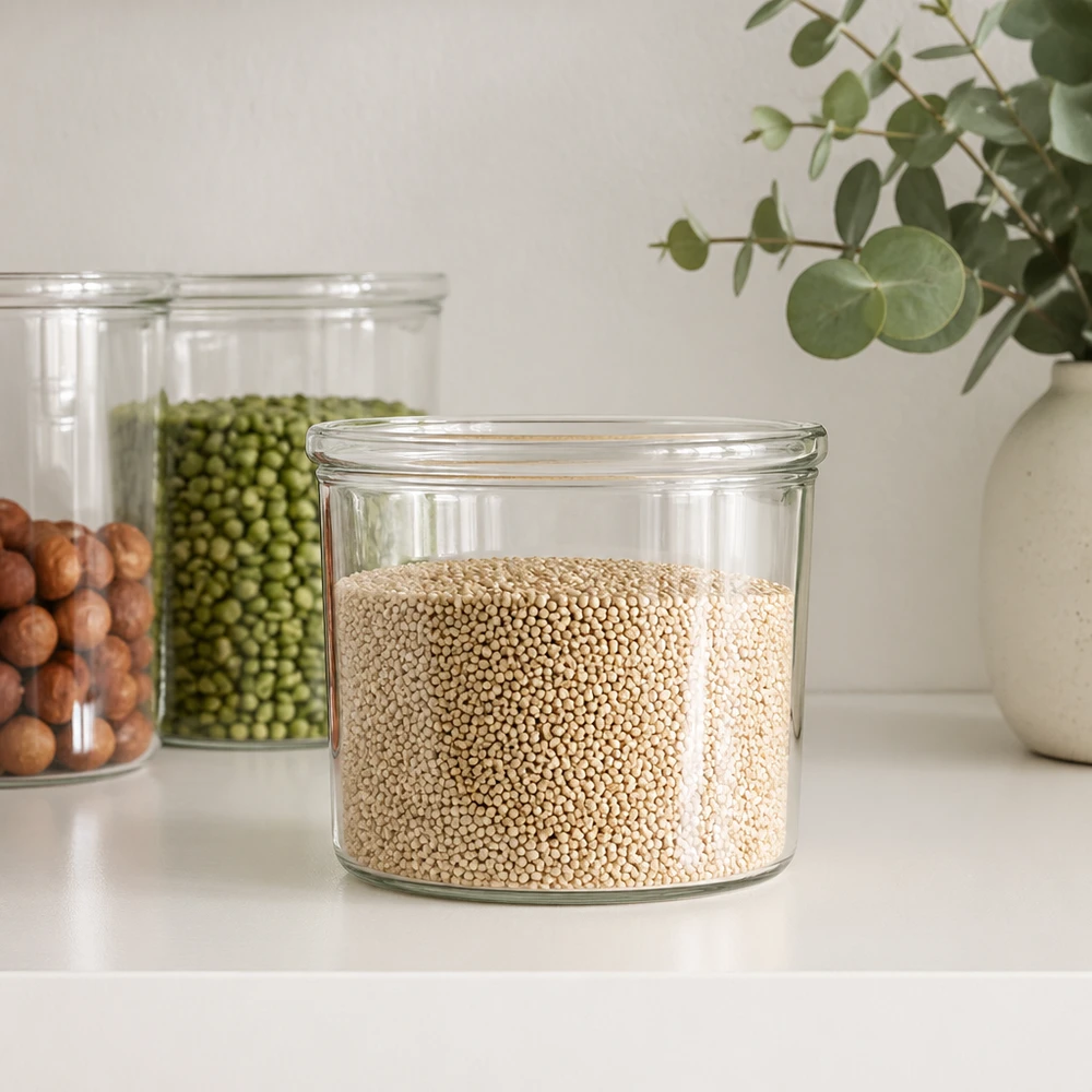 WECK RR40-pot van 35 ml WECK 35ml RR40 voorraadpot gevuld met quinoa naast andere voorraadpotten met peulvruchten in de moderne keuken