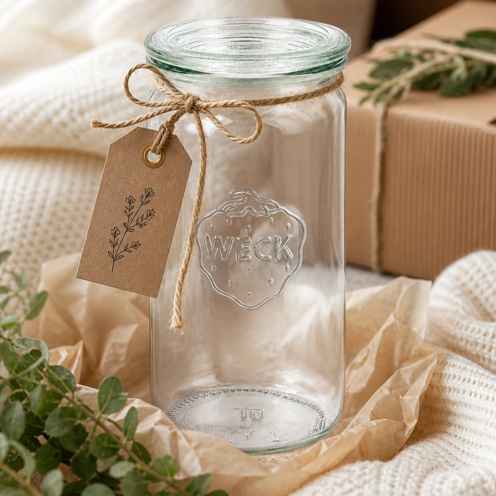 WECK 340ml cilinderpot RR60 decoratief met jute koord en etiket als geschenkverpakking op beige textiel