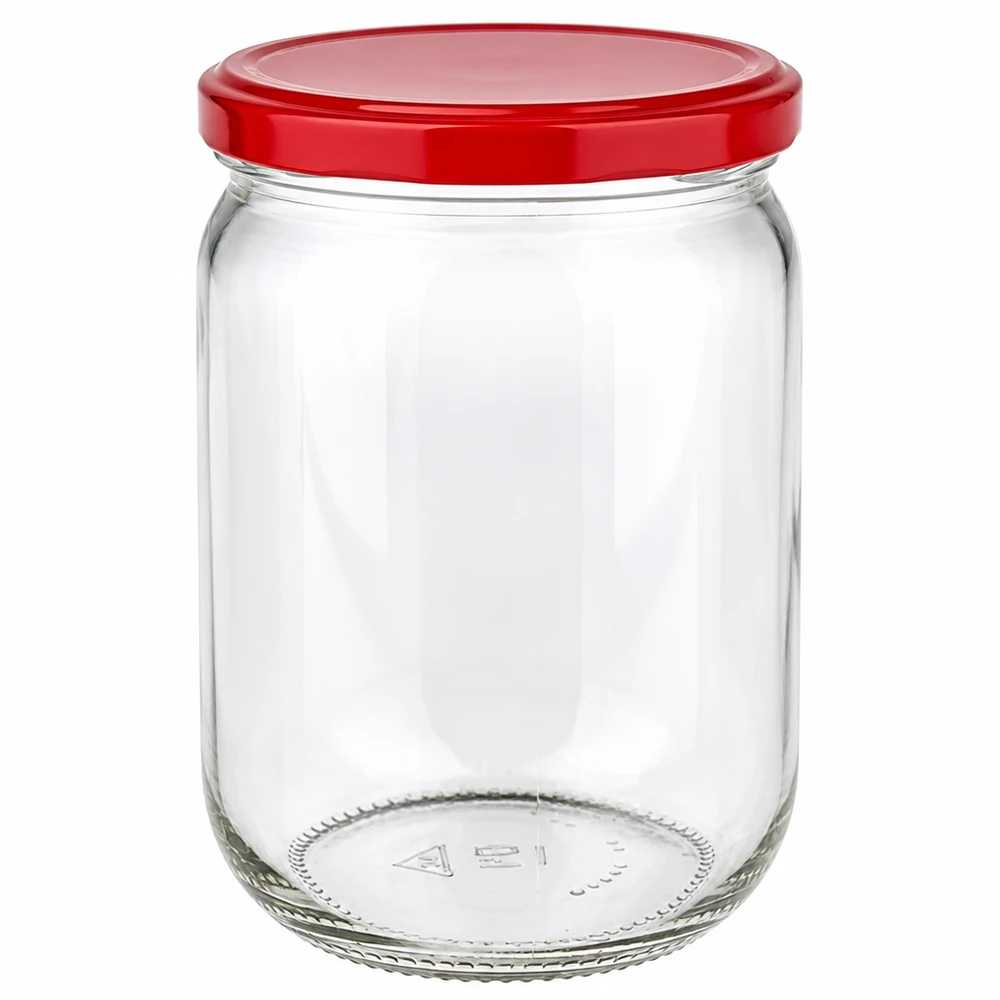 555 ml rond glas + BasicSeal-deksel rood UNiTWIST Doorzichtig, cilindervormig rond glas van 555 ml met een felrode BasicSeal-deksel, gefotografeerd van bovenaf