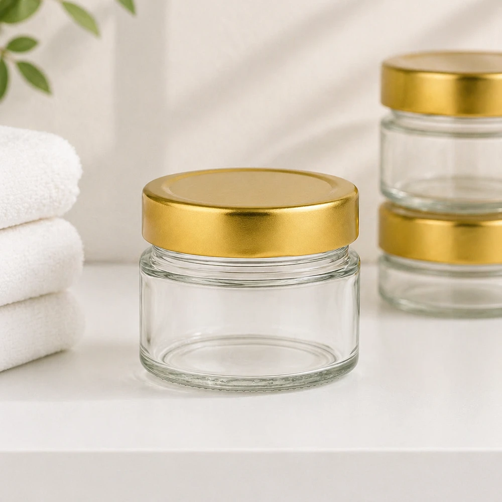 80ml rond glas met BasicSeal deksel goud deep UNiTWIST 80ml ronde pot met BasicSeal deksel goud diep in een badkamersfeer met witte handdoeken voor cosmetica