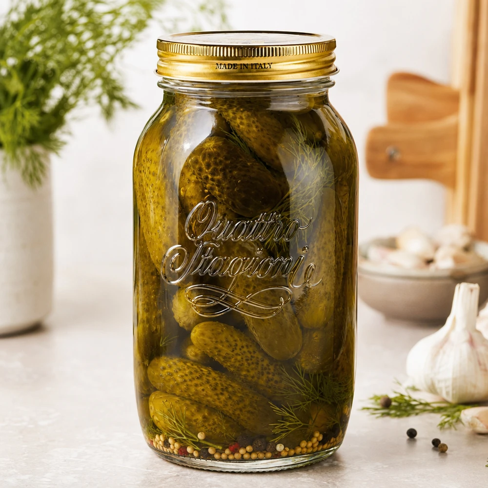 1500 ml rond glas "Quattro Stagioni" met deksel Quattro Stagioni 1500ml Einmachglas gefüllt mit eingelegten Gurken und Dill zeigt praktische Verwendung als Konservengla