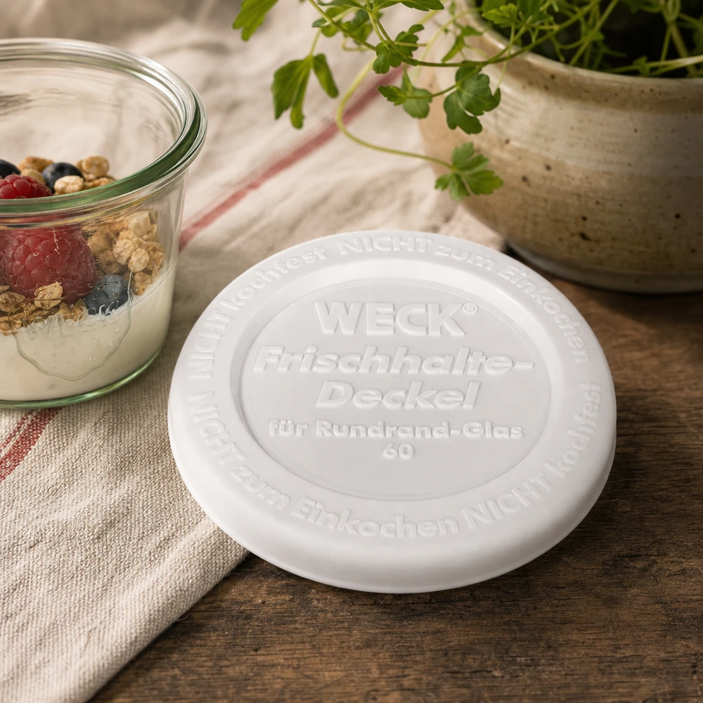 WECK keep-fresh deksel RR60 wit kunststof deksel op houten tafel naast yoghurt met bessen natuurlijke keuken decoratie