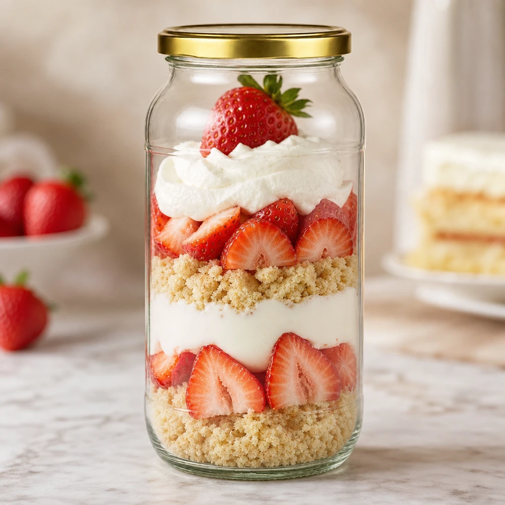 1062ml rond glas met BasicSeal deksel goud UNiTWIST 1062ml ronde pot met gouden BasicSeal deksel als dessertpot voor aardbeien en slagroom gelaagd dessert met hagelslag