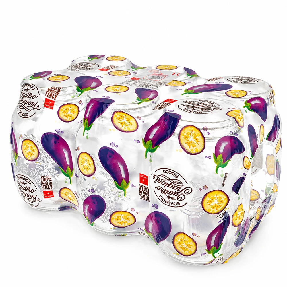 1000 ml rond glas "Quattro Stagioni" met deksel Quattro Stagioni inmaakpotten 1000 ml met decoratieve aubergine fruitverpakking Italiaanse inmaakpotten set