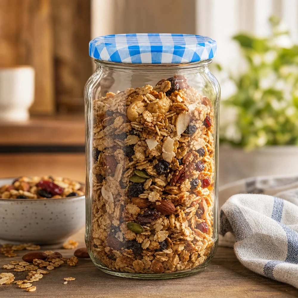 1062ml rond glas met BasicSeal deksel blauw/wit UNiTWIST 1062ml ronde pot gevuld met muesli en noten, BasicSeal deksel blauw en wit, perfect voor het bewaren van ontbijtgranen