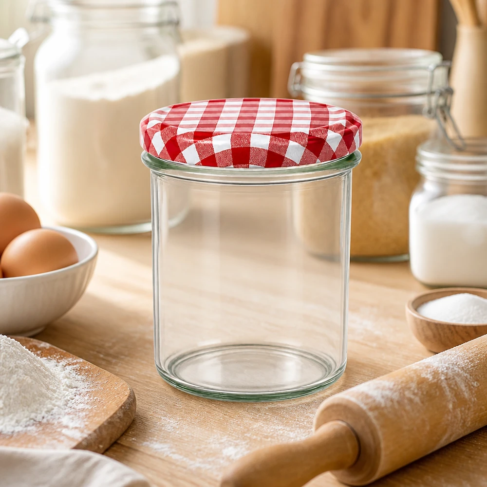 350ml bekers met BasicSeal deksel rood/wit UNiTWIST Glazen pot 350 ml leeg in keukenomgeving met bakingrediënten, rood-wit geblokt deksel, bloem en deegroller