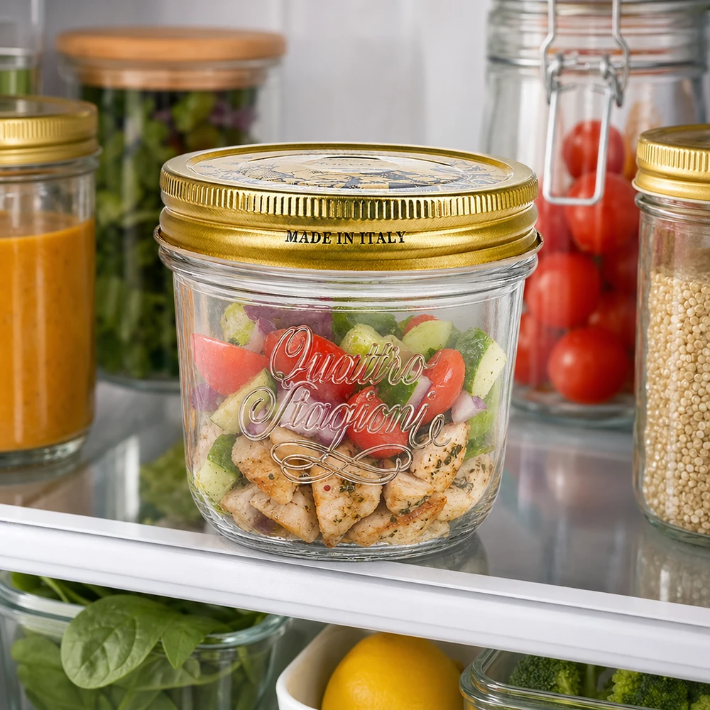 200 ml Quattro Stagioni glazen pot met gouden deksel gevuld met kleurrijke salade in de koelkast naast andere voorraadpotten
