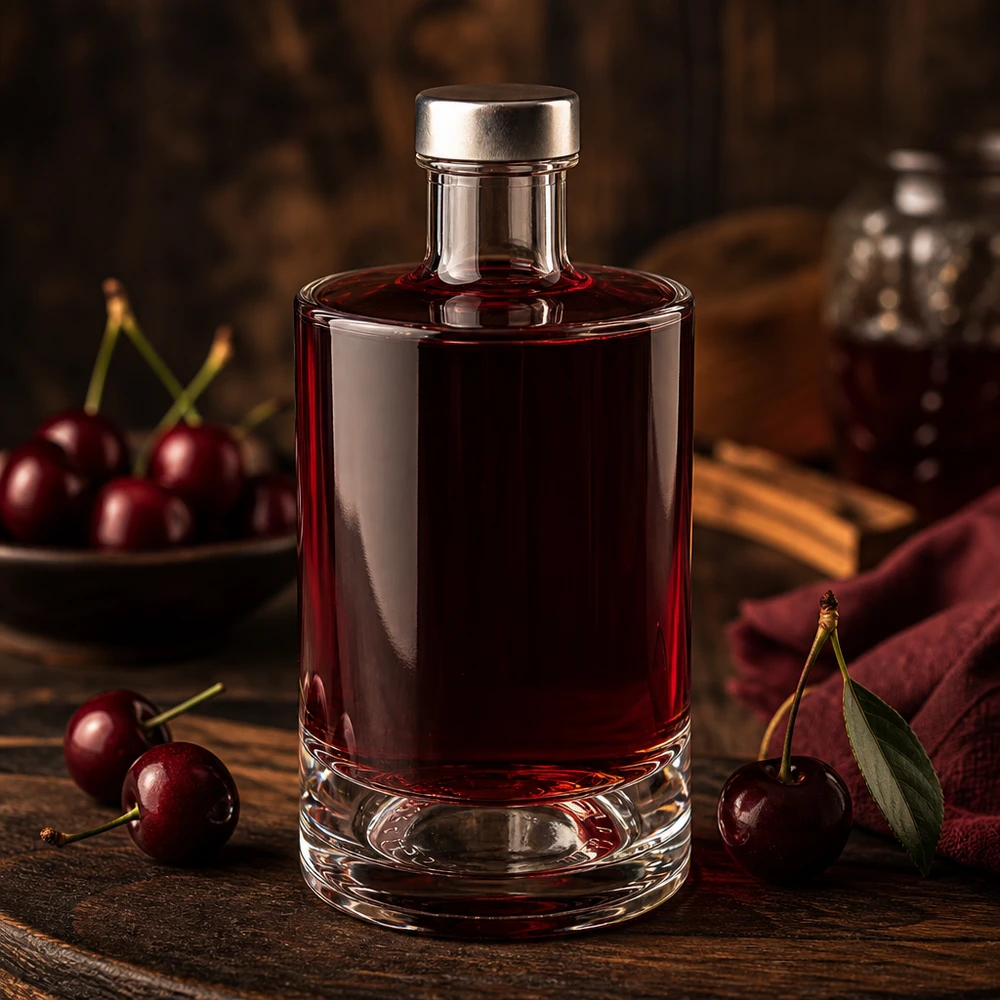 375ml Sam glazen fles met kersenrode vulling en zilveren dop tussen verse kersen op een houten tafel