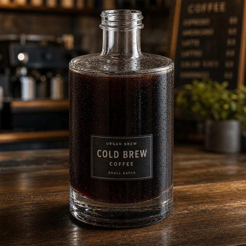 375 ml glazen fles Sam zonder schroefsluiting UNiTWIST® 375 ml glazen fles Sam gevuld met cold brew koffie gepresenteerd in een stijlvolle koffiebar sfeer