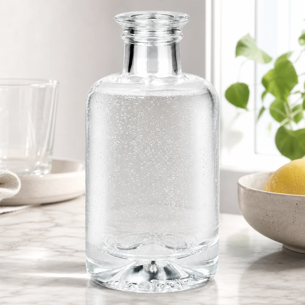 100 ml apothekersfles Sofia zonder sluiting UNiTWIST® 100ml Sofia glazen fles gevuld met bruisend water op wit keukenblad naast citroenen en plant