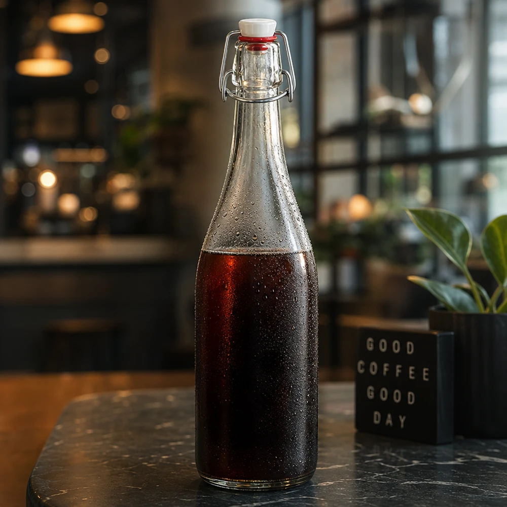 750 ml glazen fles + draaidop PVC UNiTWIST 750ml glazen fles met draaidop gevuld met cola Café sfeer cold brew koffie sfeerverlichting stijlvol