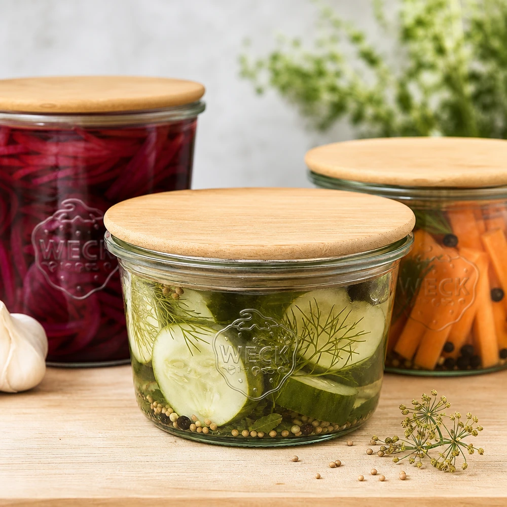WECK 80ml RR60 houten deksel ingemaakte komkommers fermenteren groenten conserveren keukengerei
