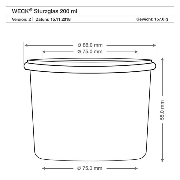 200ml stortglas WECK RR80 met kurk Technische tekening WECK beker 200ml RR80 met afmetingen Diameter 88mm Hoogte 55mm Gewicht 157g