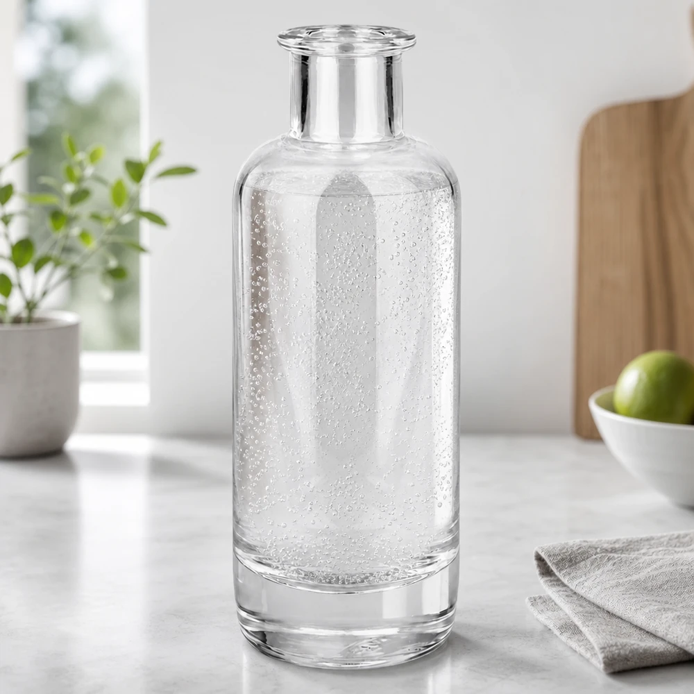 200 ml glazen fles Ella zonder sluiting UNiTWIST® 200ml glazen fles Ella gevuld met bruisend mineraalwater in moderne keuken toont gebruik voor drankjes