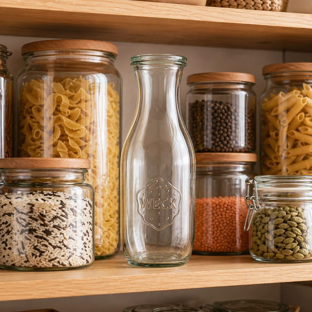 Sapfles van 1062 ml met glazen deksel WECK RR60 WECK Saftflasche 1062ml leer in organisierter Vorratsküche zwischen Einmachgläsern mit Nudeln Hülsenfrüchten auf Holzreg