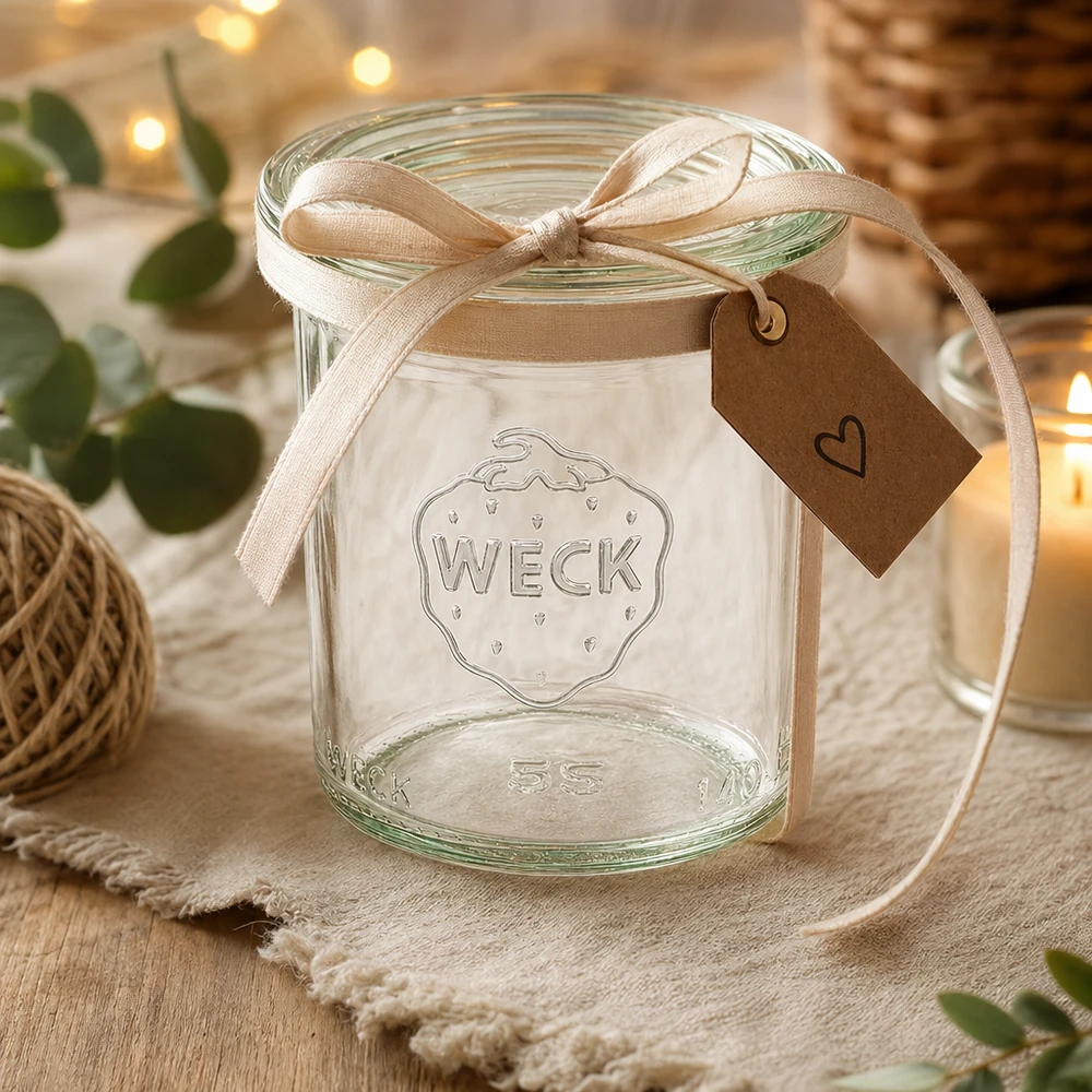 Glazen pot van 140 ml met glazen deksel WECK RR60 WECK Sturzglas 140ml RR60 als Geschenk dekoriert mit beiger Schleife und Herzanhänger auf rustikalem Holztisch