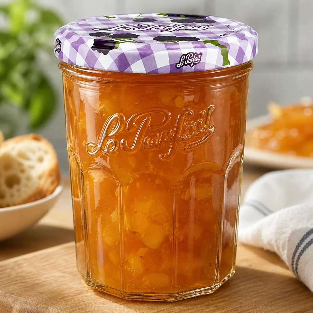 Le Parfait® Jam 385 ml Ø82 mm confituurpot Le Parfait bekers 385ml gevuld met sinaasappelmarmelade op houten tafel naast brood en ontbijtschaal