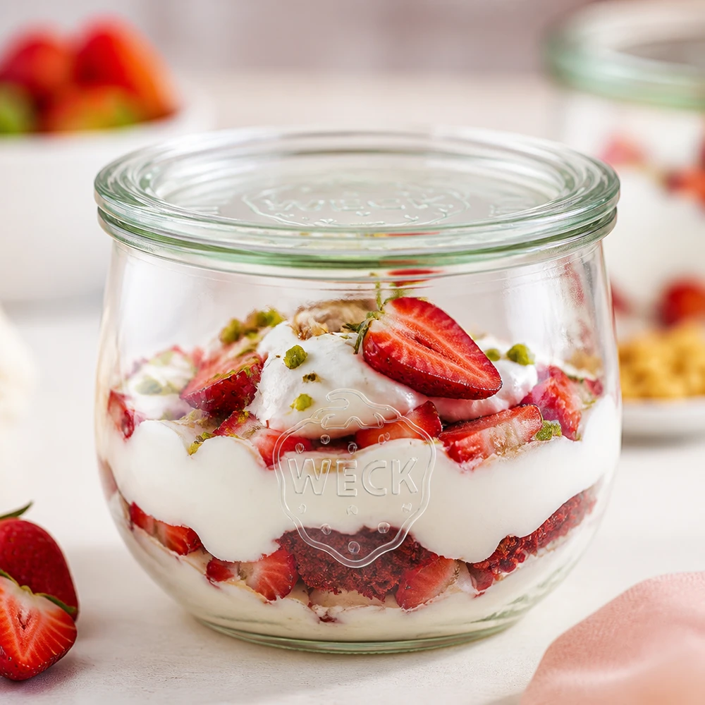 580ml tulpenglas met glazen deksel WECK RR100 WECK tulpenpot 580ml RR100 gevuld met aardbeienyoghurt dessert als dessertvariant met pistachenoten op een wit vlak