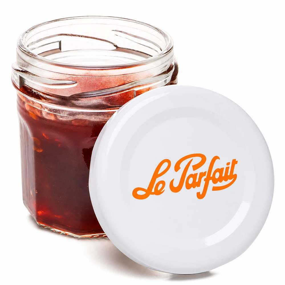 Le Parfait® Mini‑Jam 44 ml Ø48 mm pot Le Parfait minipotje 44ml geopend gevuld met rode jam en oranje logo op wit deksel