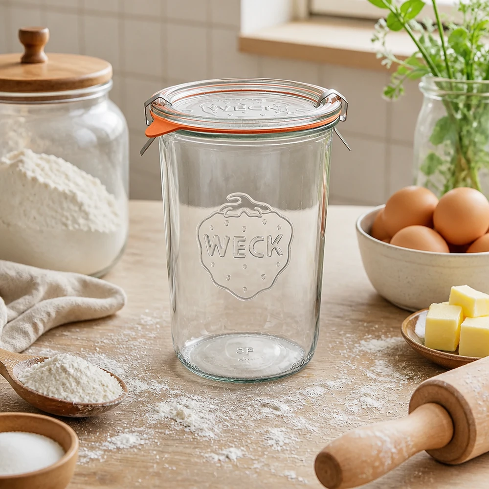 850ml stortglas compleet WECK RR100 WECK bekers 850ml RR100 in natuurlijke keukenomgeving met bakingrediënten eieren boter en bloem om in te koken