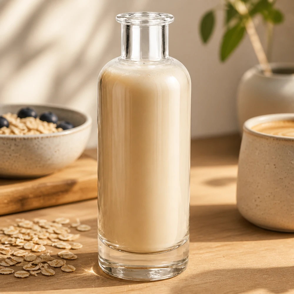 200 ml glazen fles Ella zonder sluiting UNiTWIST® 200ml glazen fles van Ella gevuld met havermelk op houten tafel naast havervlokken laat gebruik voor plantaardige melk zien