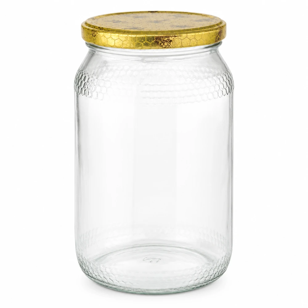 Honingpot 1260 g met honingraatmotief-deksel BasicSeal UNiTWIST 900ml honingpot met gouden BasicSeal deksel honingraatpatroon leeg bijenteeltbenodigdheden honingverpakking
